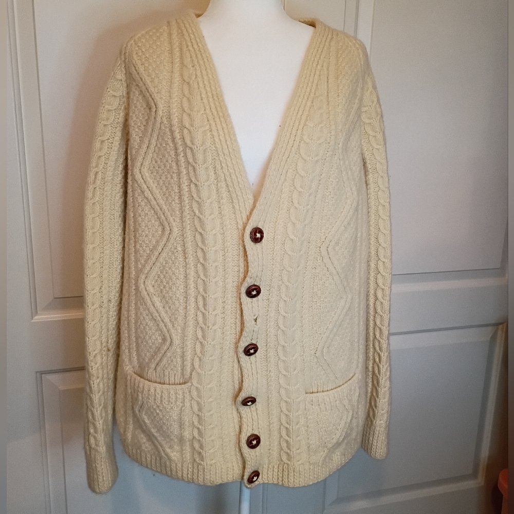 Vintage Handknit Wales Fishermen's Cardigan Sweater Size Large/XL